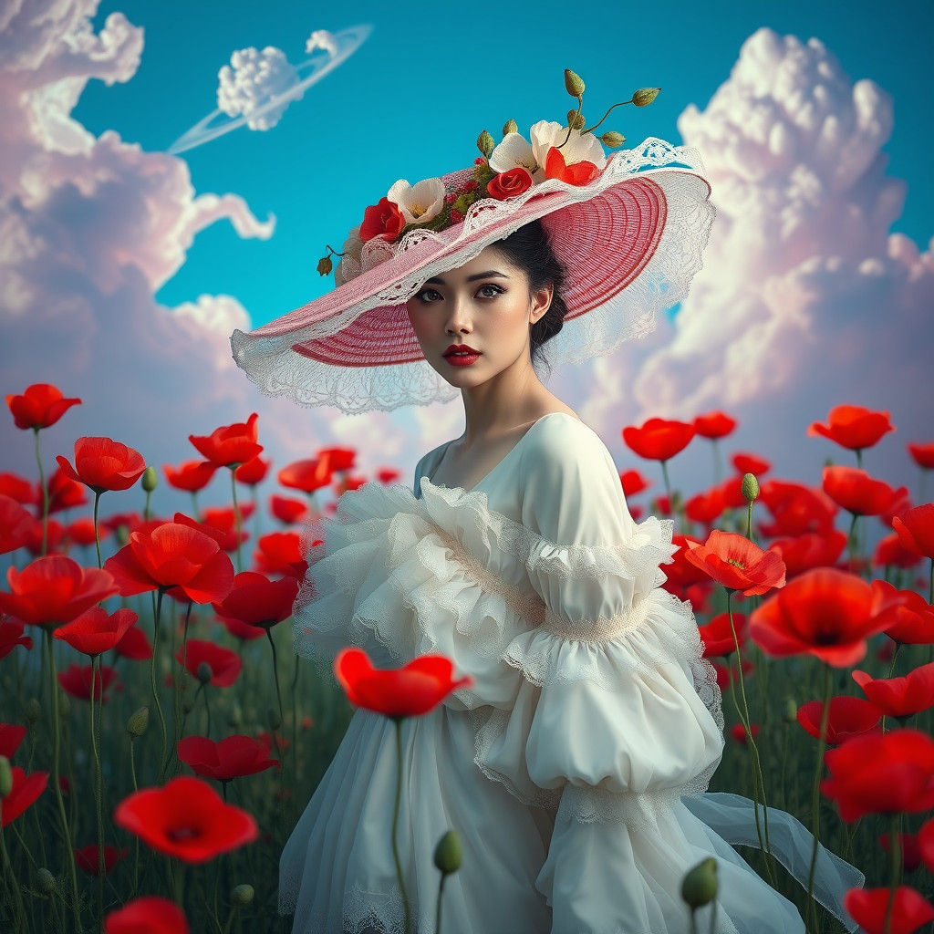 Woman in White Gown Surrounded by Red Poppies
