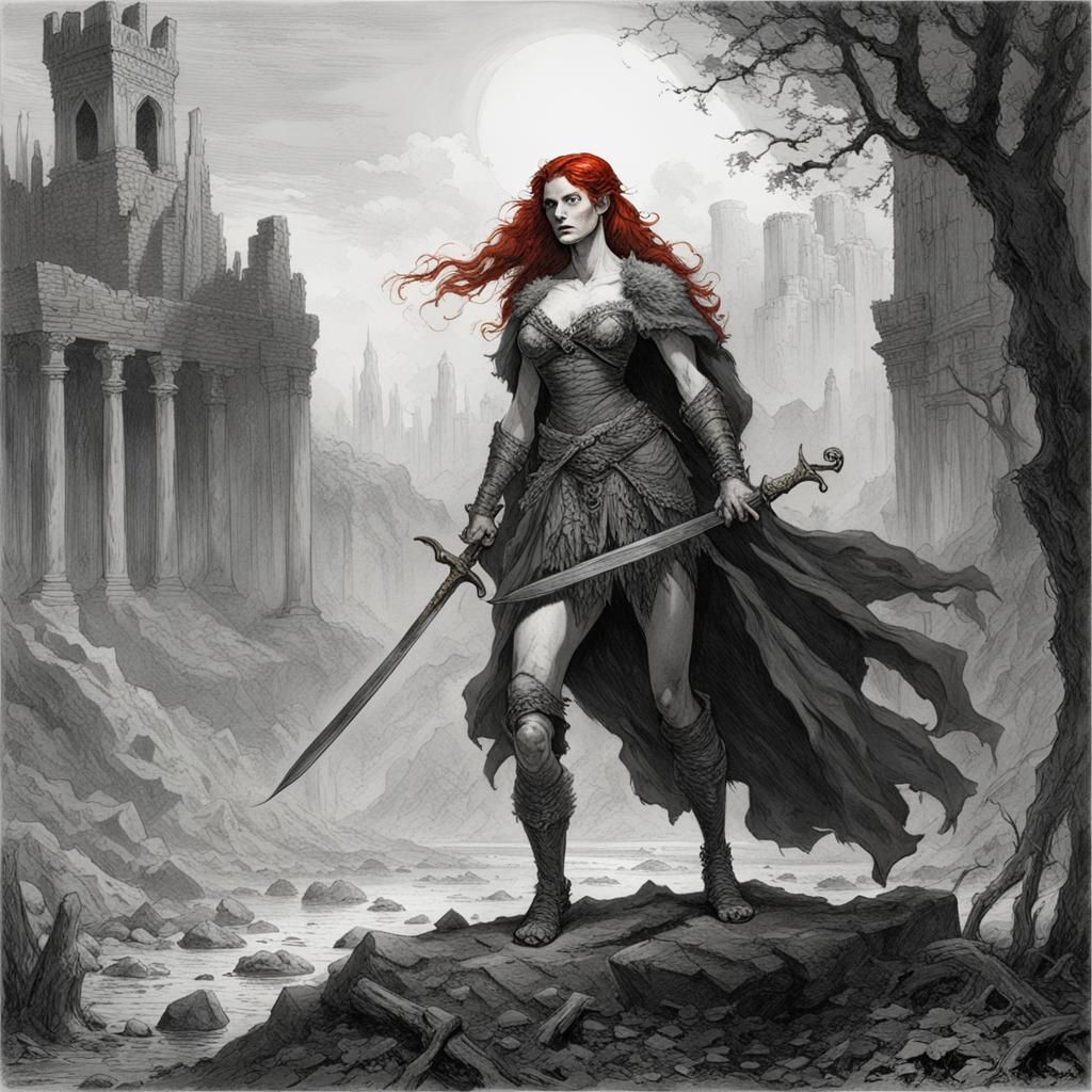 Red-Haired Amazon Warrior with Sword
