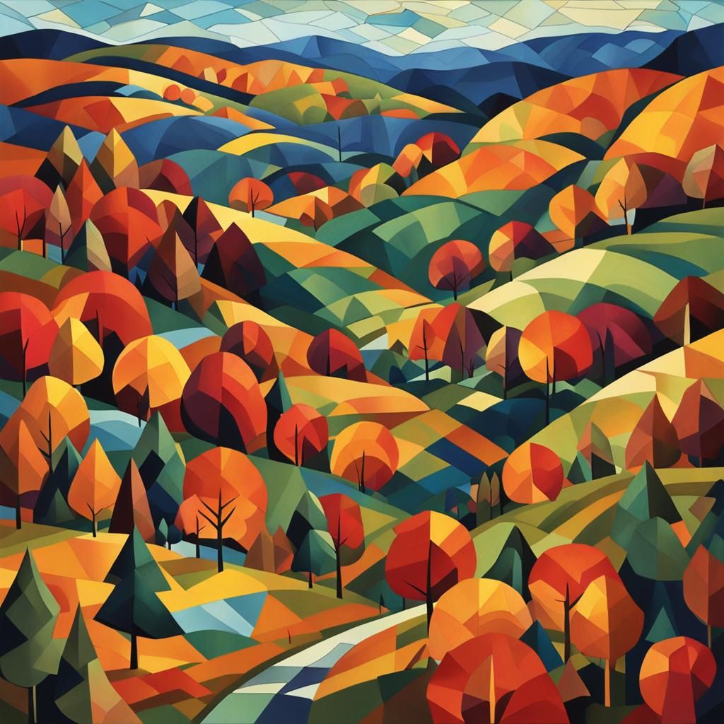 Batik Autumn Scene in Vermont: Cubist Art Deco