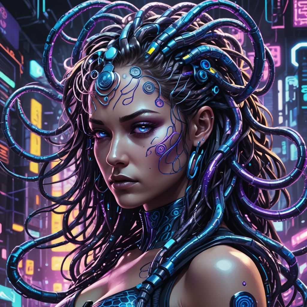 Futuristic Cyberpunk Medusa Portrait with Chrome Snakes