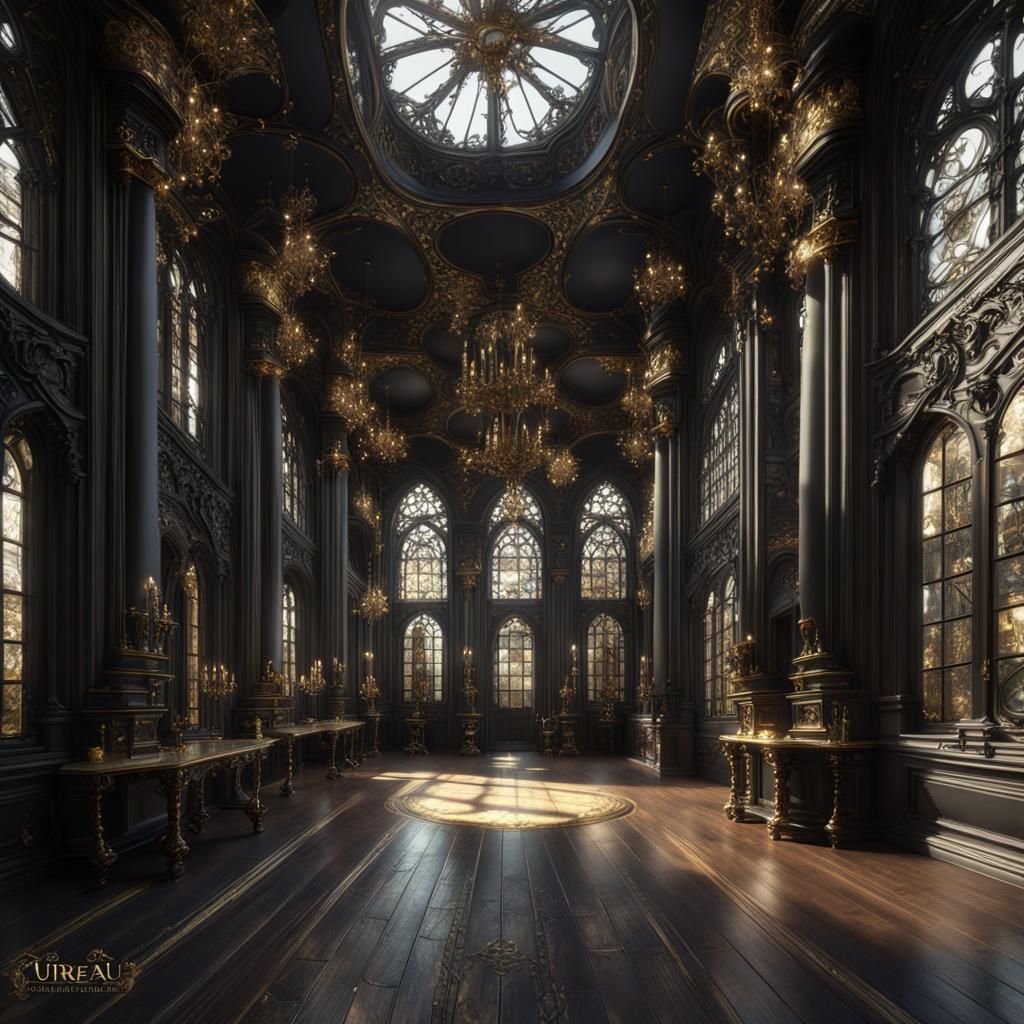 Gothic Rococo Royal Library with Gold Accents