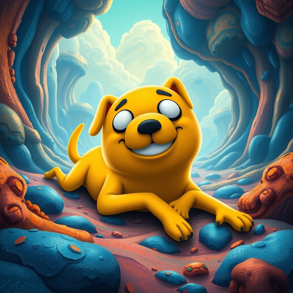 Surreal Yellow Dog Adventure in Vibrant Dreamworld