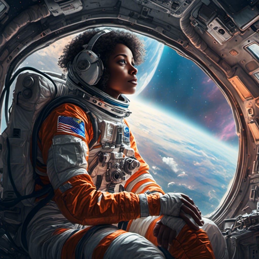 Black Female Astronaut Gazing at Earth: Hyperrealism