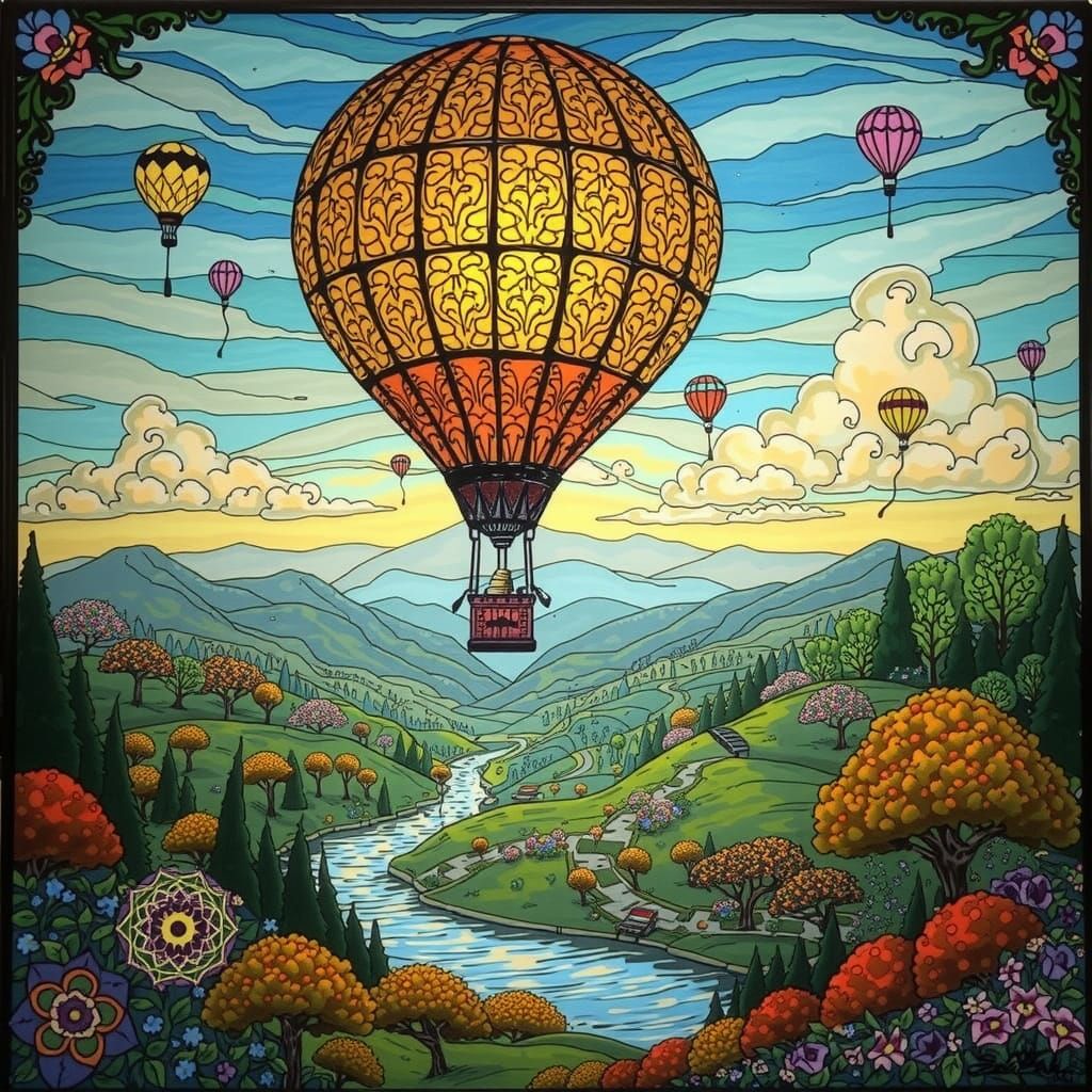 Stained Glass Hot Air Balloon in Art Nouveau Style