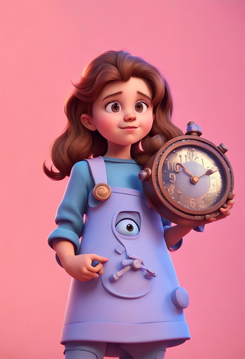 Girl with Clock in Pixar Disney 3D Style