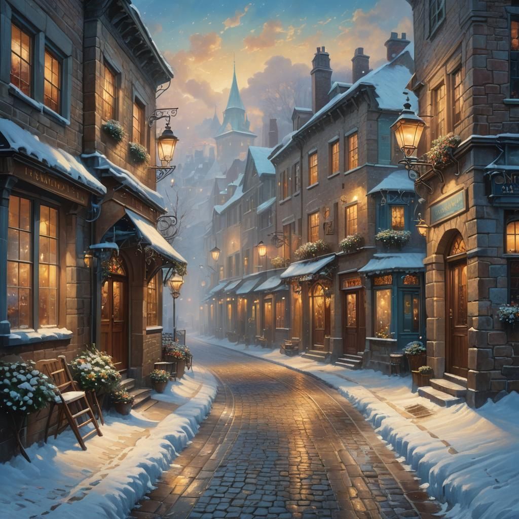 Winter Alley Street in Golden Light, Kinkade Style