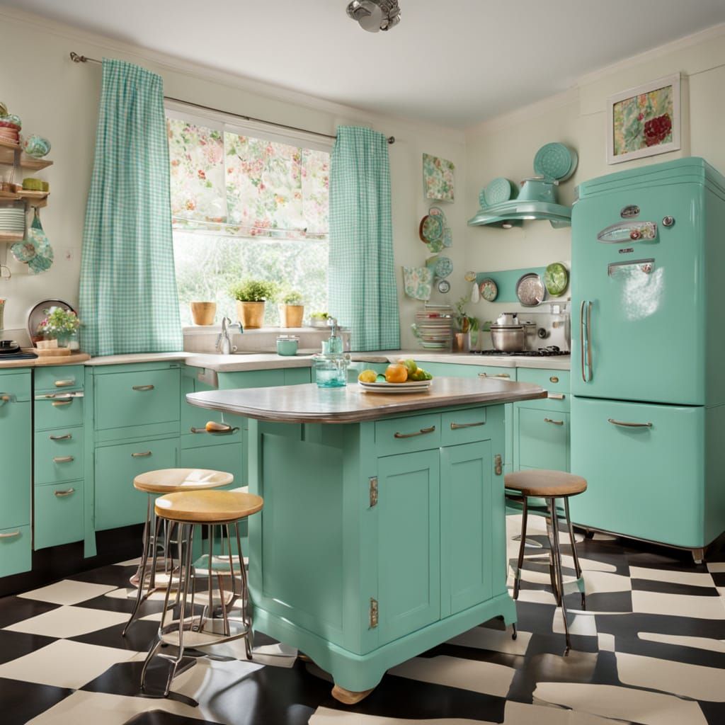 Vintage Kitchen with Aqua Gingham Curtains