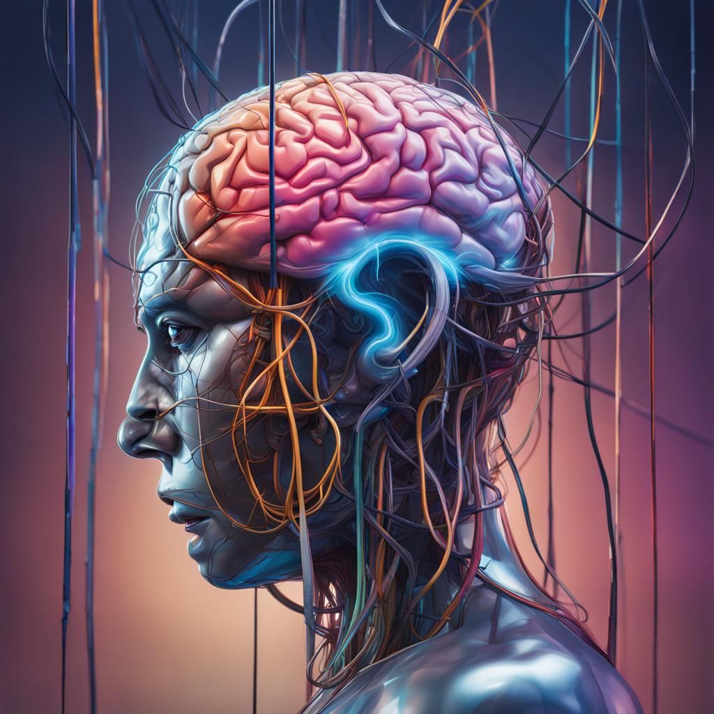 Hyperrealistic AI Brain with Wires and Splash Art