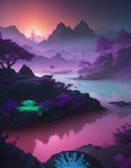 Bioluminescent Lake with Gemstone Flora, Sci-Fi Concept Art