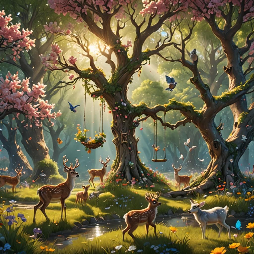 Springtime Fantasy: Birds, Deer, and Children in Bloom