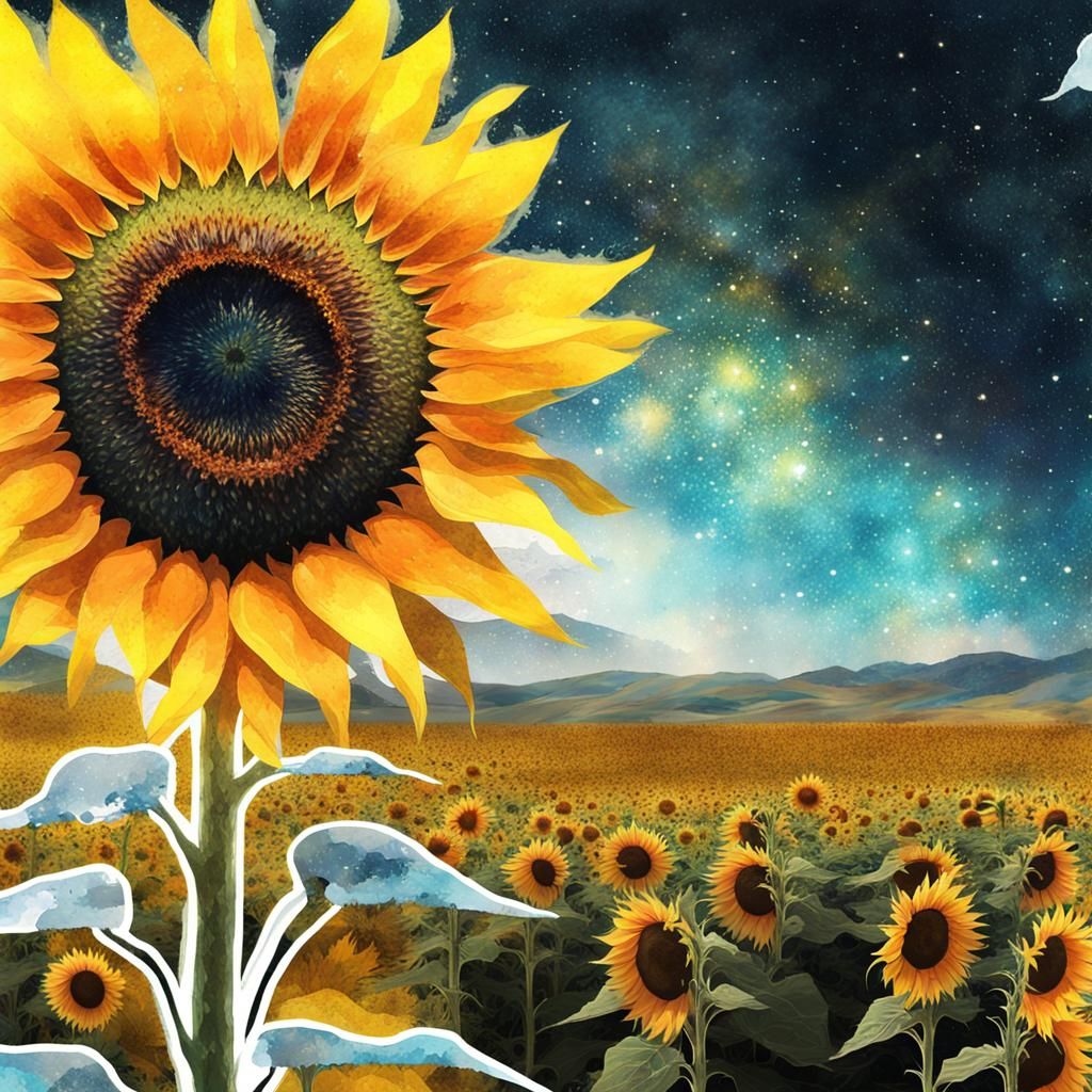 Surreal Space Sunflower Landscape in Double Exposure