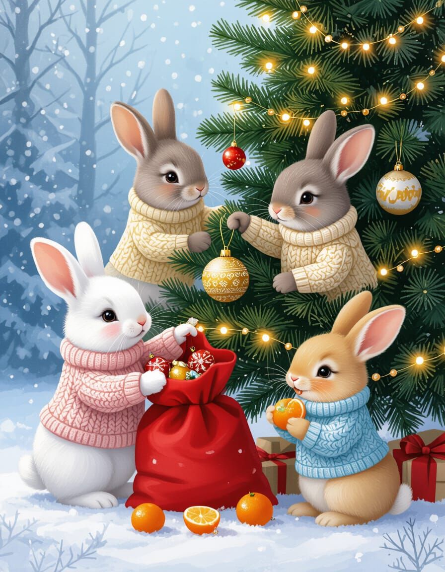 Three Bunnies Decorate Snowy Christmas Tree in Rococo Style