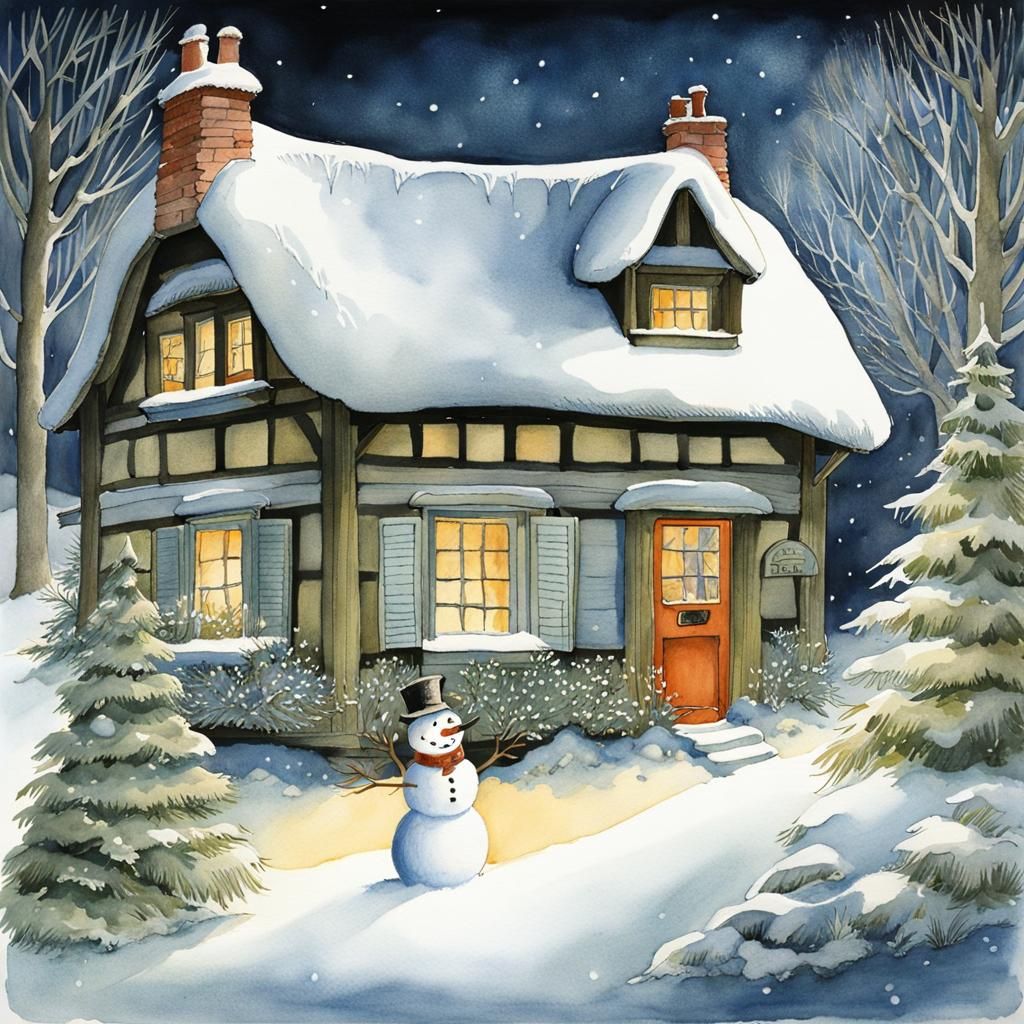 Snowman in Front of Cosy Cottage: Watercolor Ink Drawing