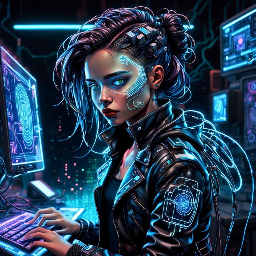 Cyberpunk Fairy Hacker in Neon Lab
