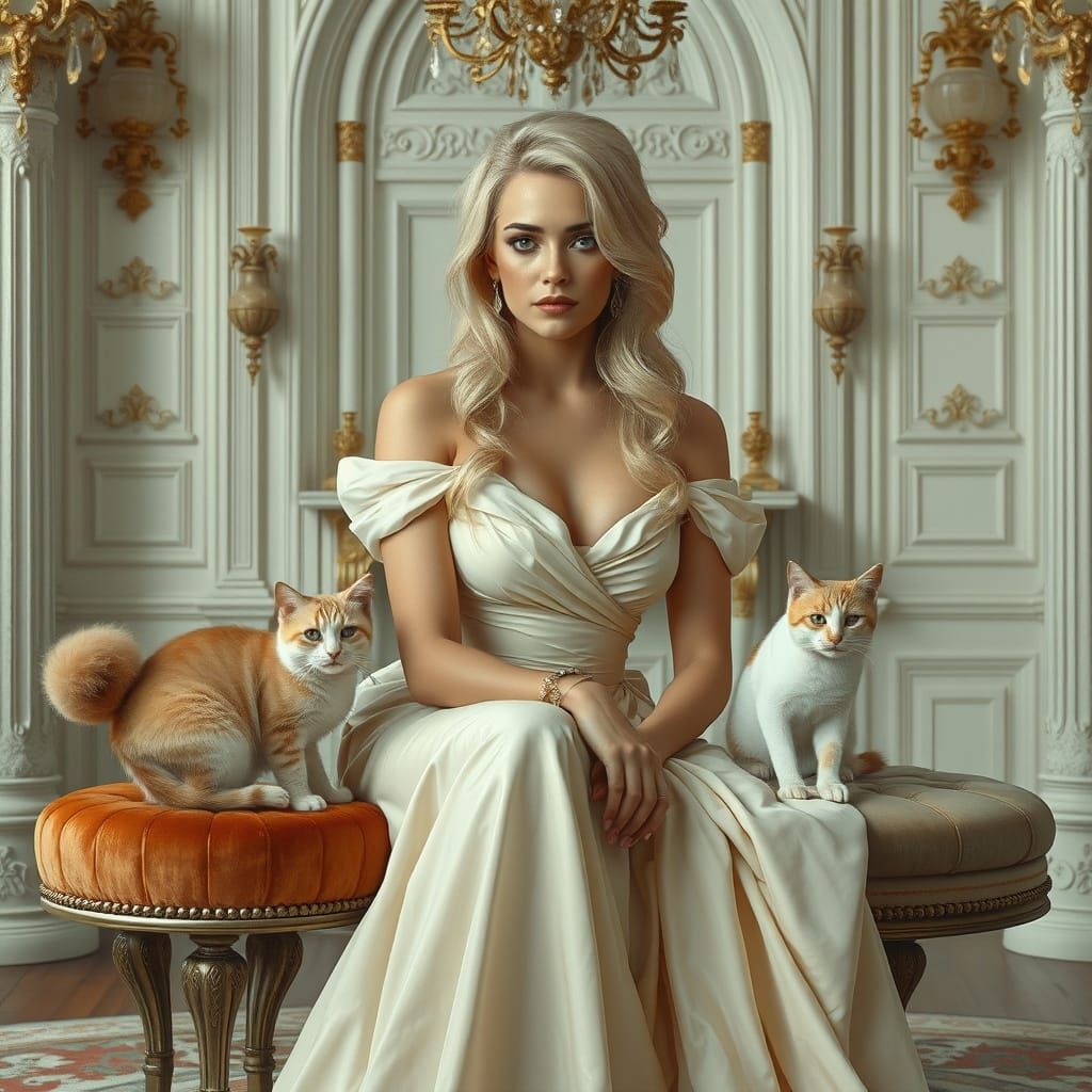 Sad Woman with Cat in Lavish Mansion