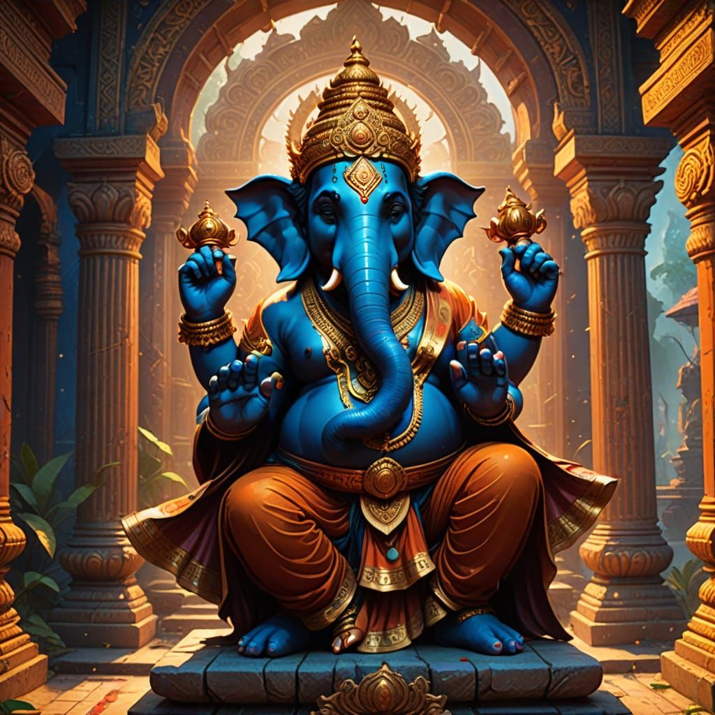 Ganesha Dancing in an Indian Temple at Dusk in Vibrant, Intr...