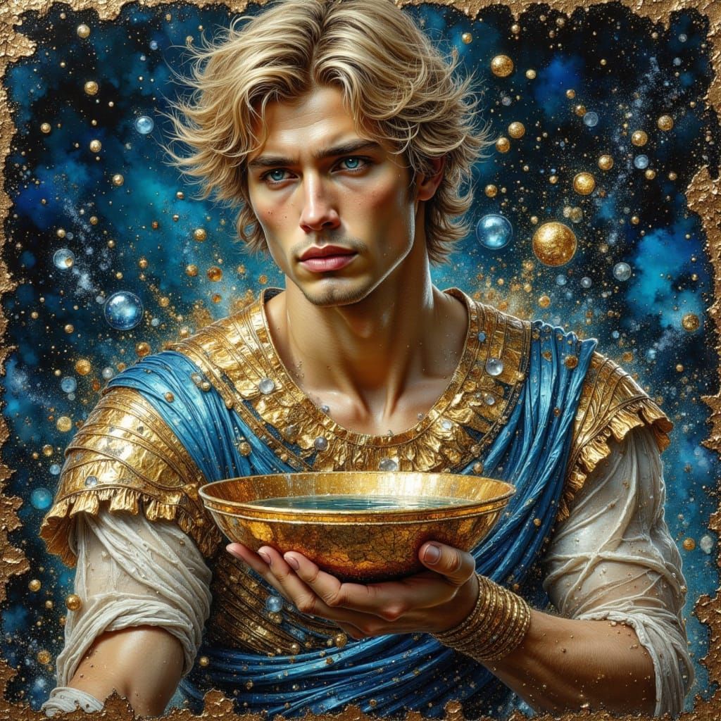 Man with Gold Bowl in Dark Oil Painting Style