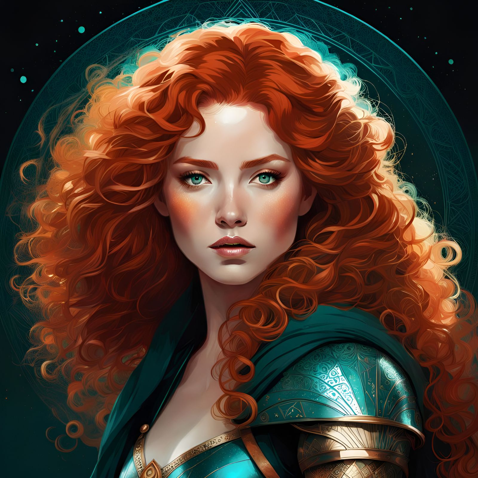 Redhead Princess Merida Portrait with Teal Filigree