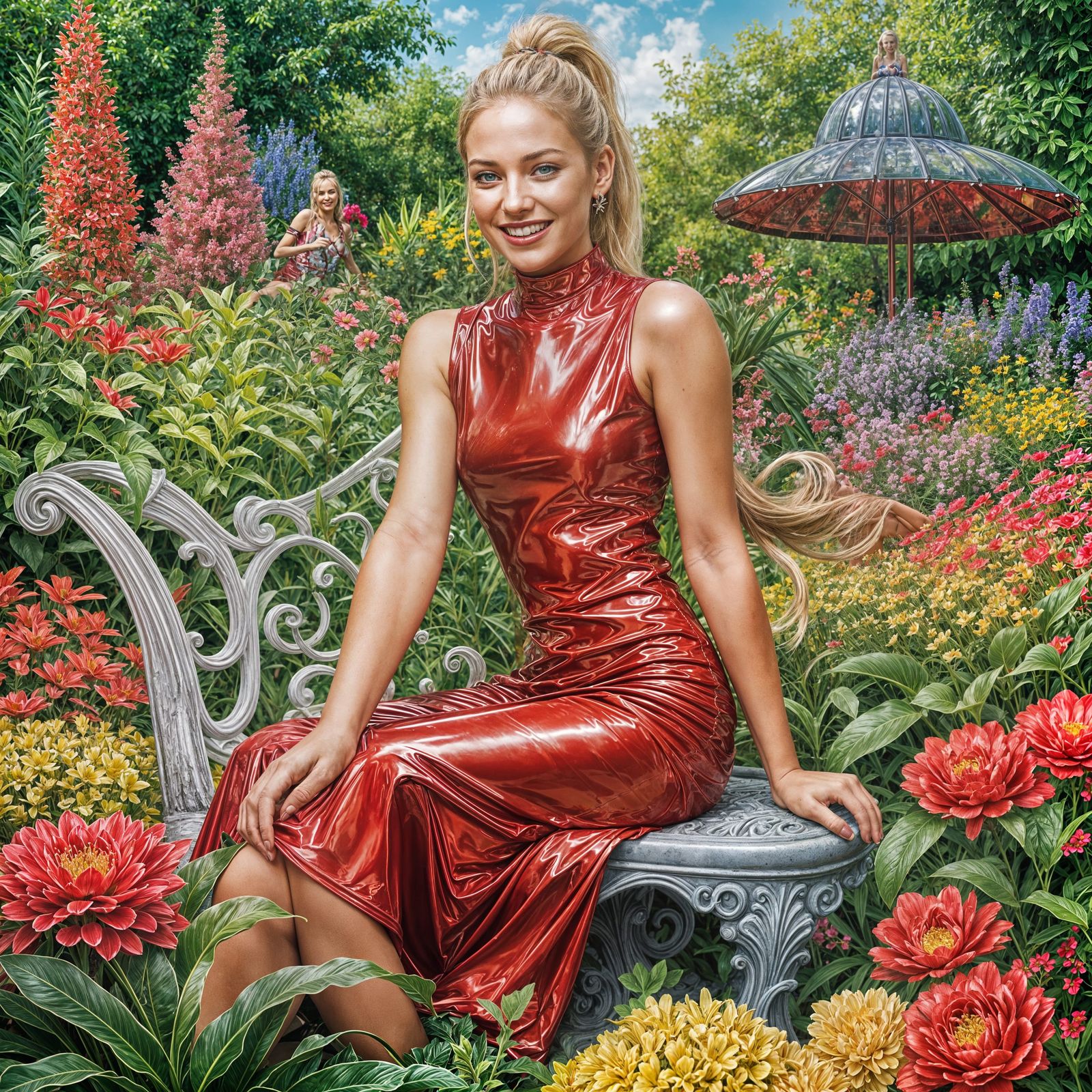 Blonde Woman in Red Metallic Dress in Lush Garden