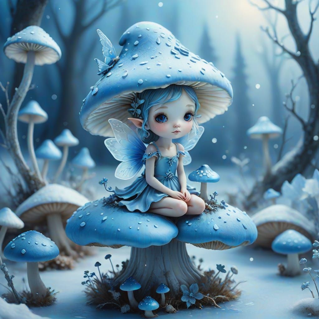 Adorable Fairy on Blue Mushroom in Dreamlike Winter Landscap...