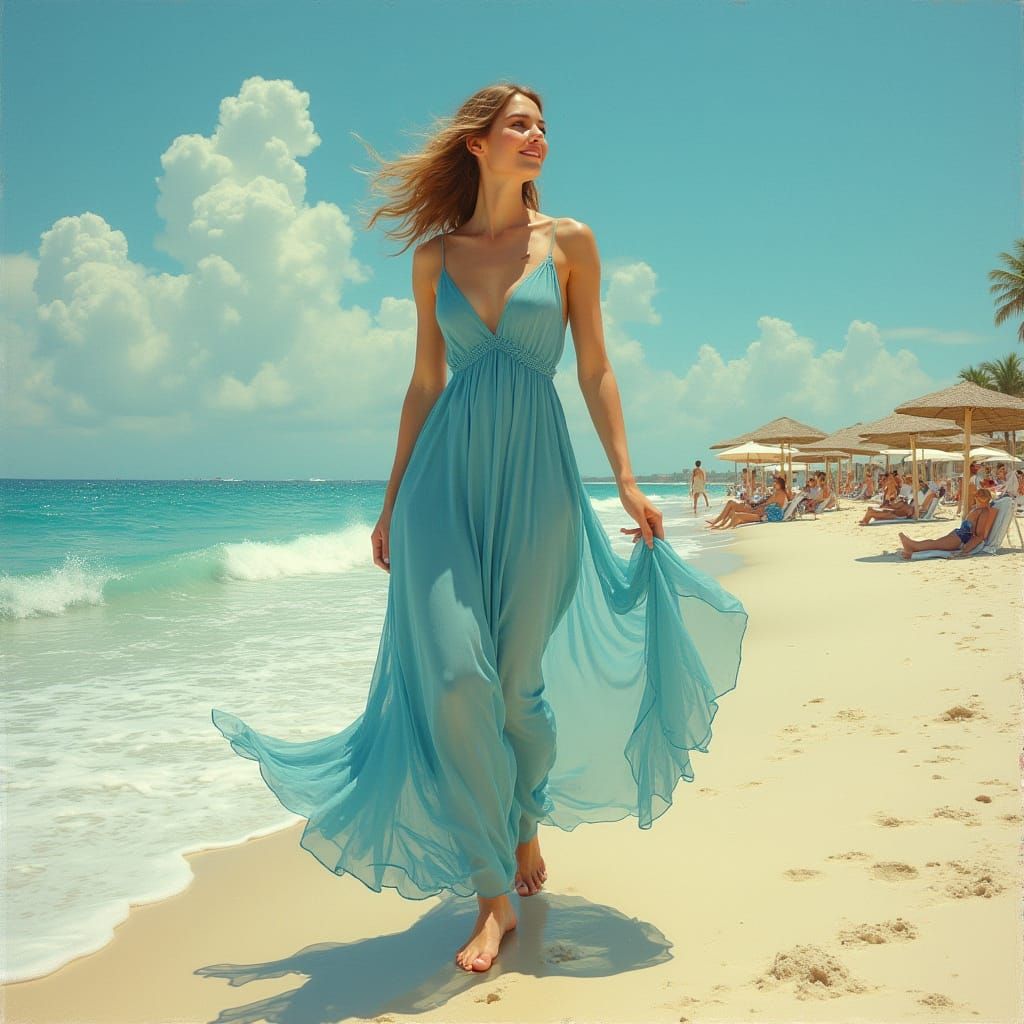 Smiling Woman on Beach in Art Nouveau Style