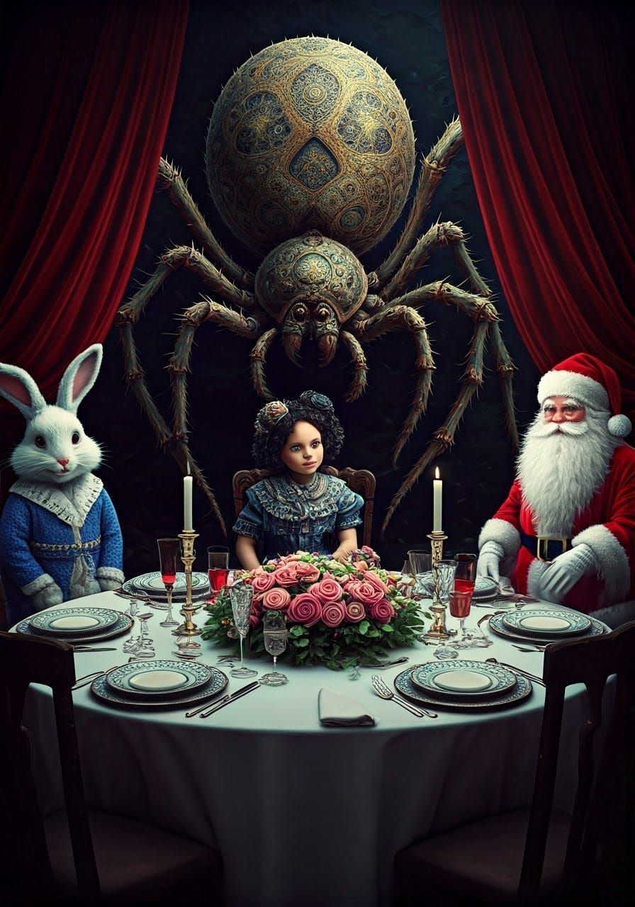 Elegant Victorian Lady Dines with Spider and Holiday Icons i...