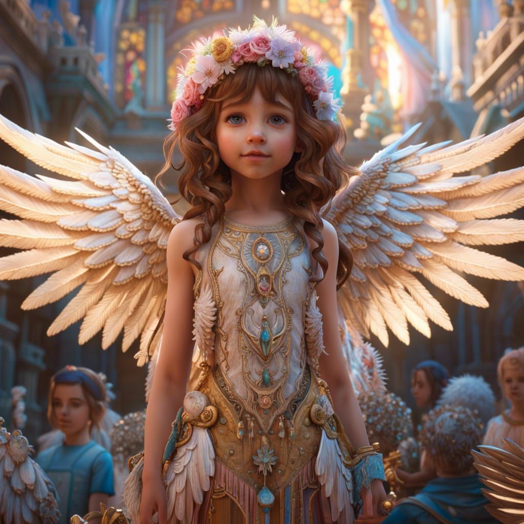 Angelic Girl with Fluffy Wings in 3D Render