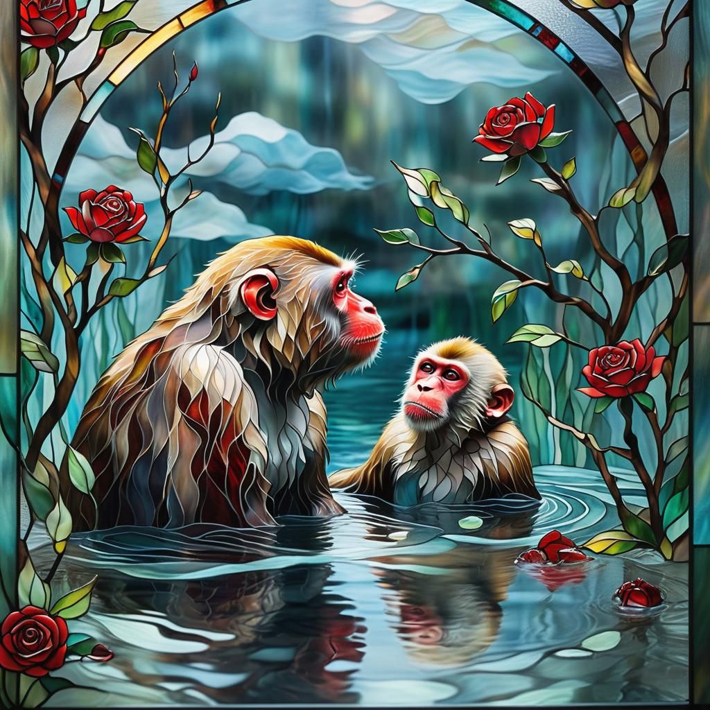 Stained Glass Rose and Macaque in Water