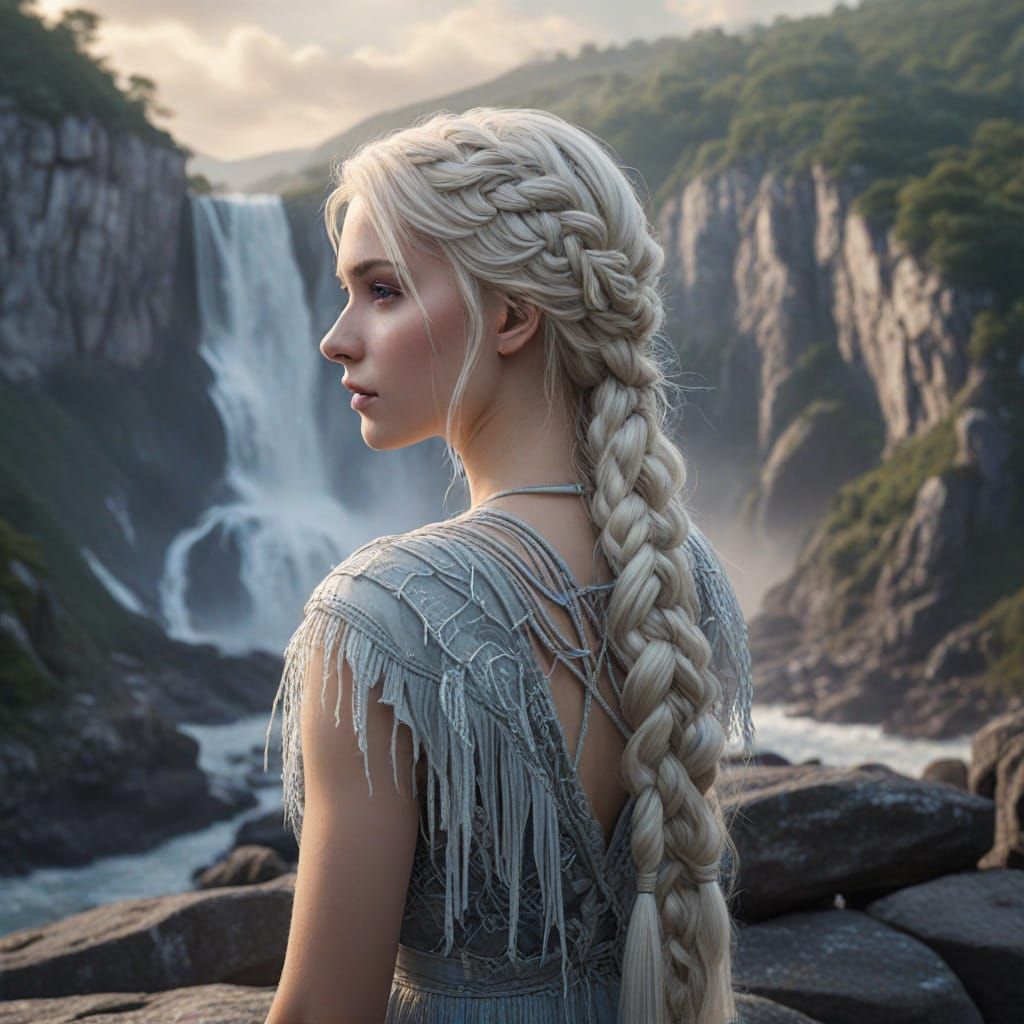 Ethereal Woman with Frozen Wave Braids: Fantasy Concept Art
