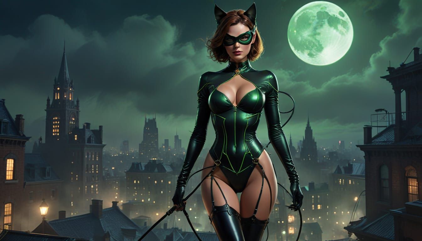Ethereal Catwoman Emerges from Gotham City's Moonlit Shadows