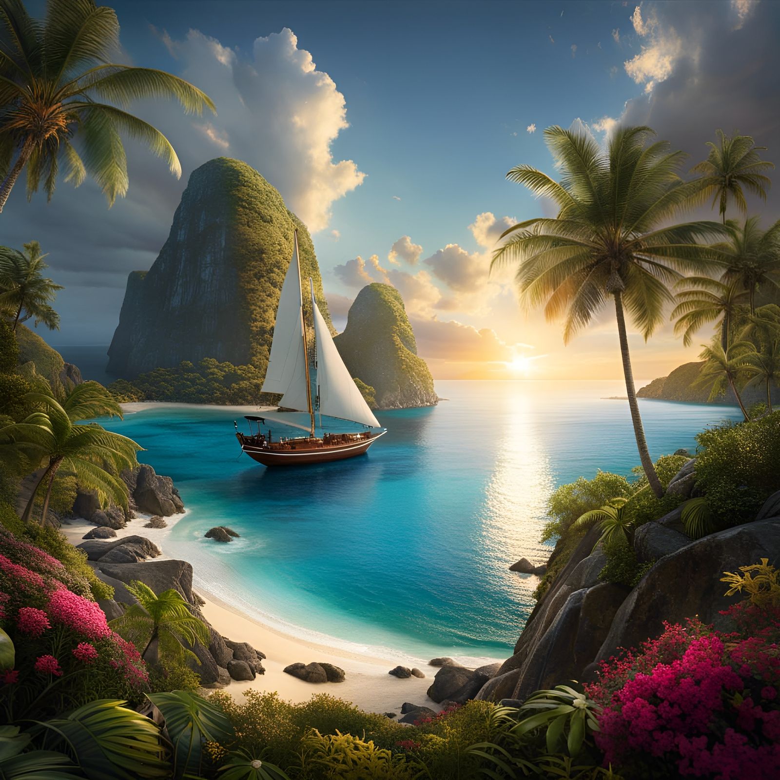 Tropical Cove Sunset Yacht in Maximalist Style