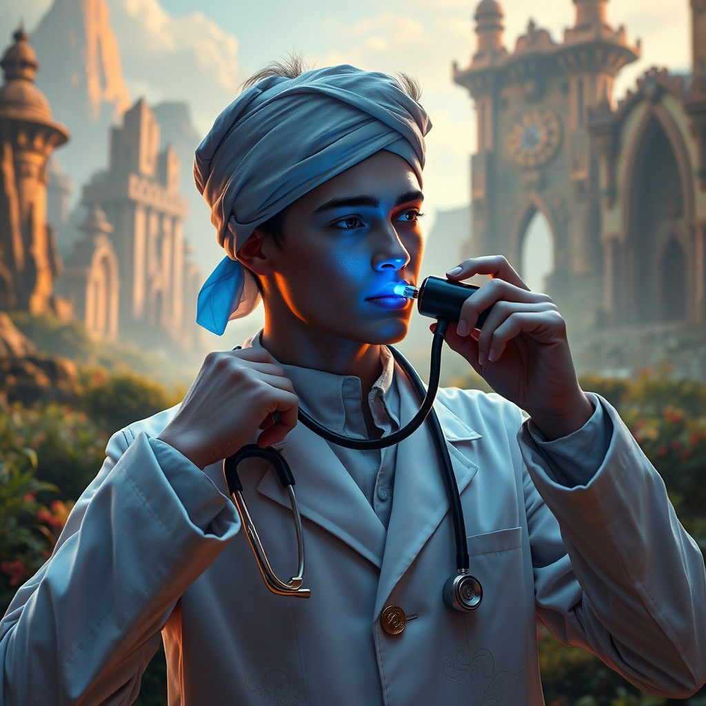 Young Doctor in Fantasy Landscape, 8K Render