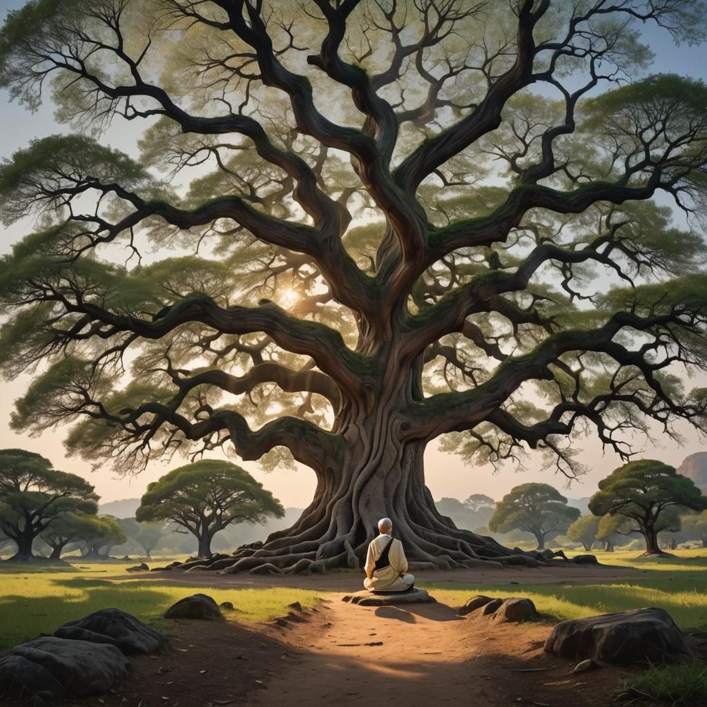 Glowing Paths and Wise Sage: an Oil Painting