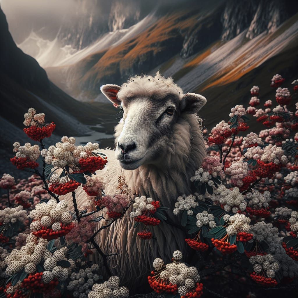 Hyper-Realistic Valais Blacknose Sheep in Blossoming Europea...