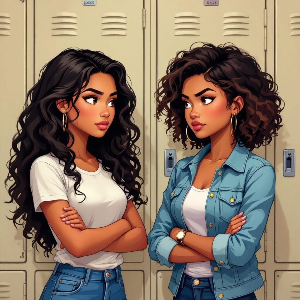 Two Confident Girls in Front of Lockers, Vibrant Style