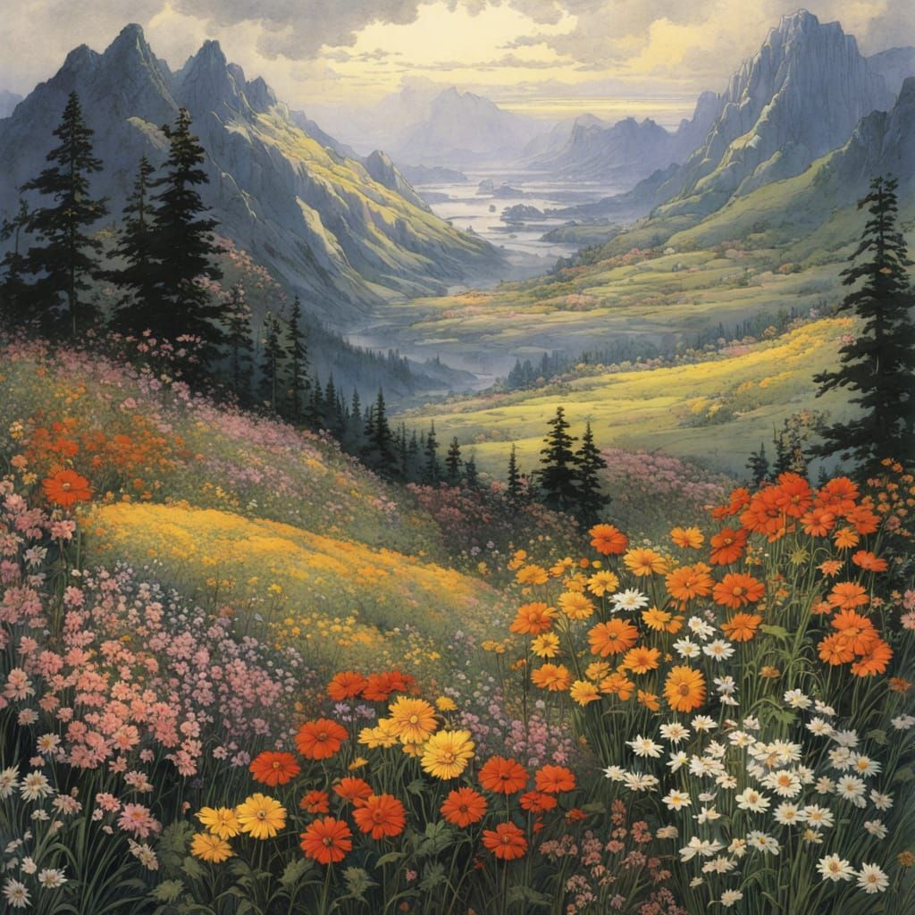 Anime Wildflower Mountain Landscape in Rackham Style