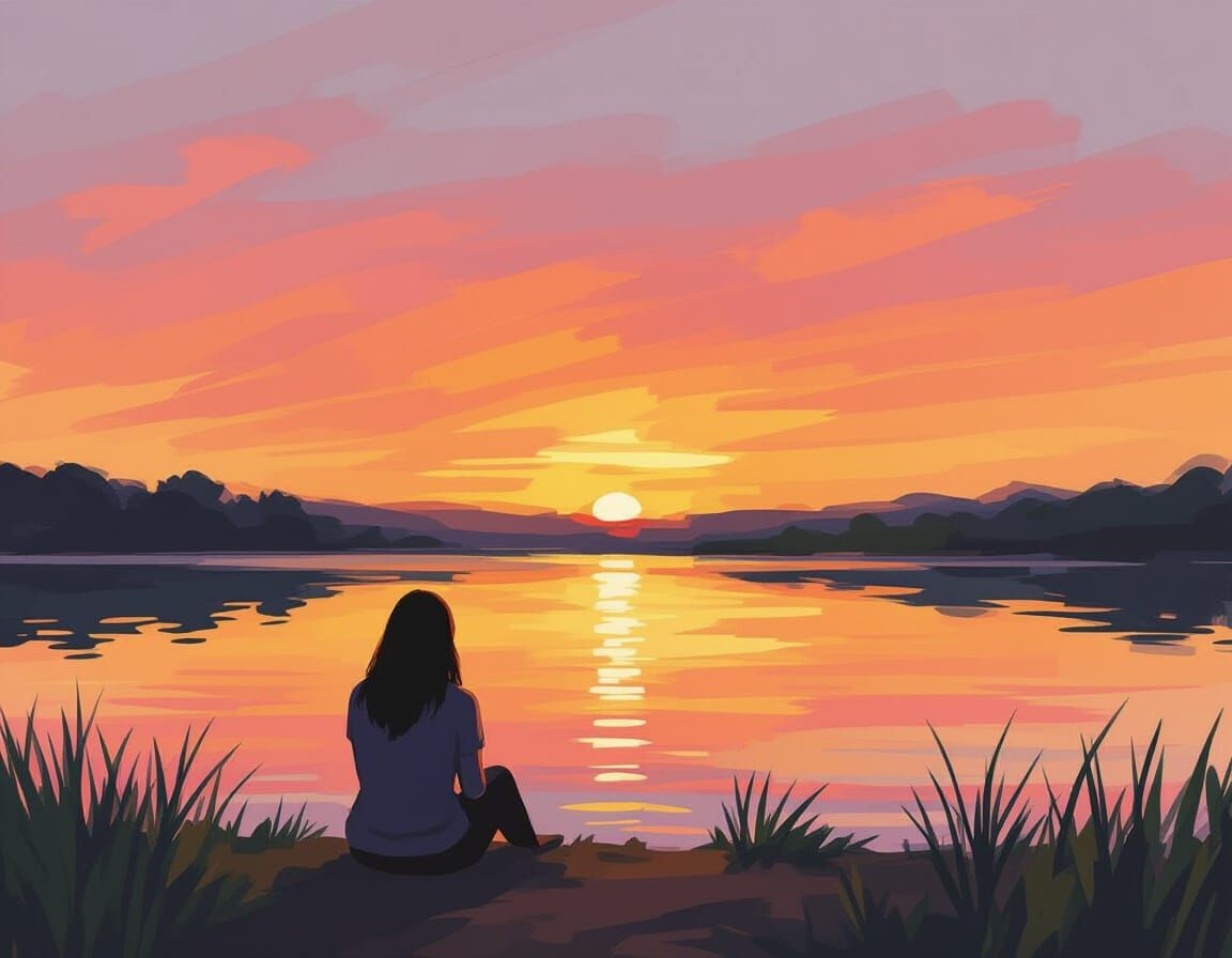 Lone Woman by Tranquil Lake at Sunset Silhouette