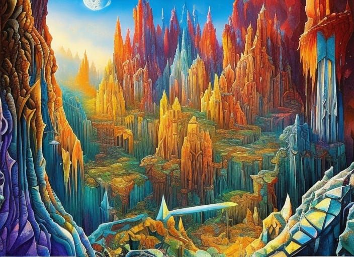 Fairycore Crystal Cave with Magical Pond, Neo-Impressionism