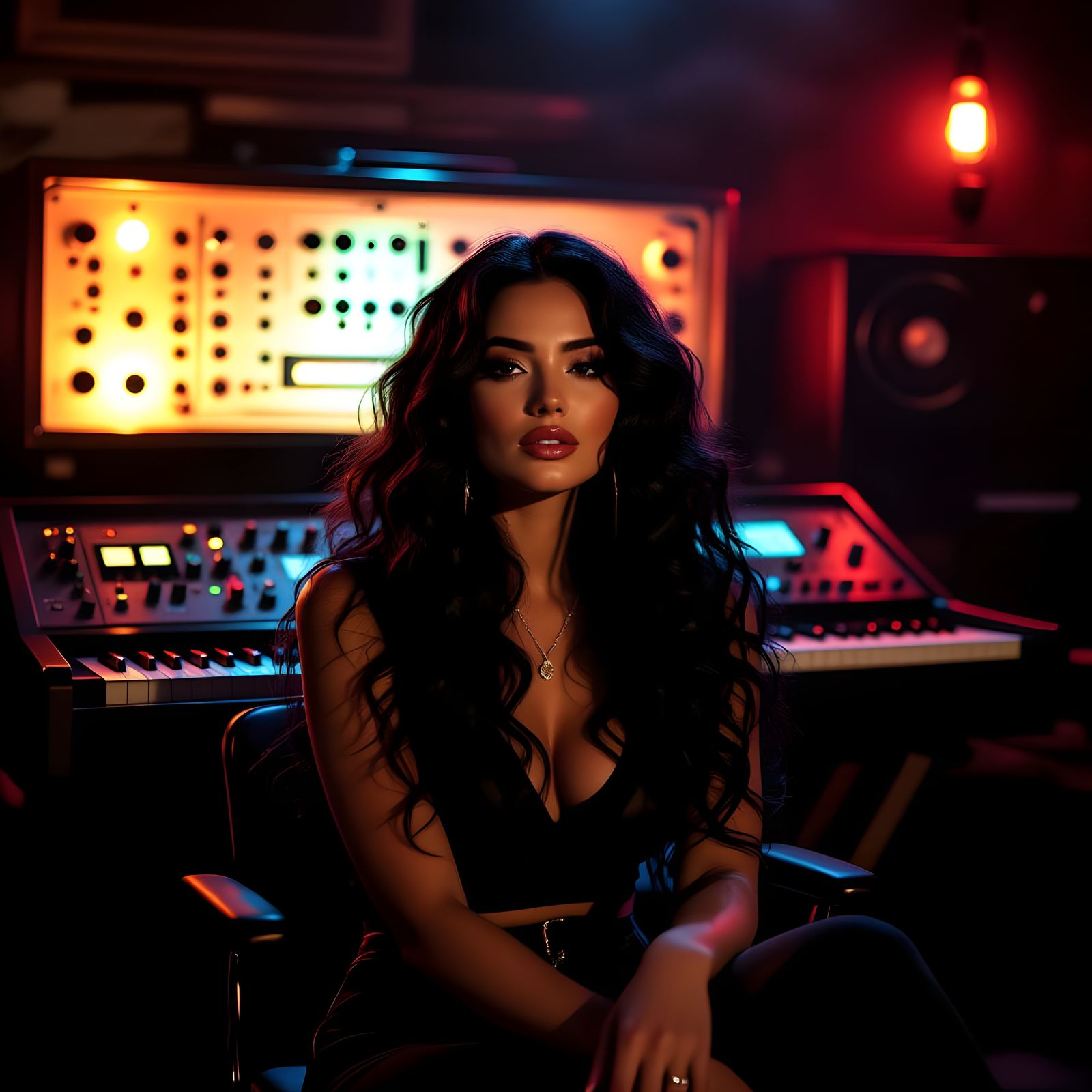 Retro Music Studio Singer with Vintage Synthesizer