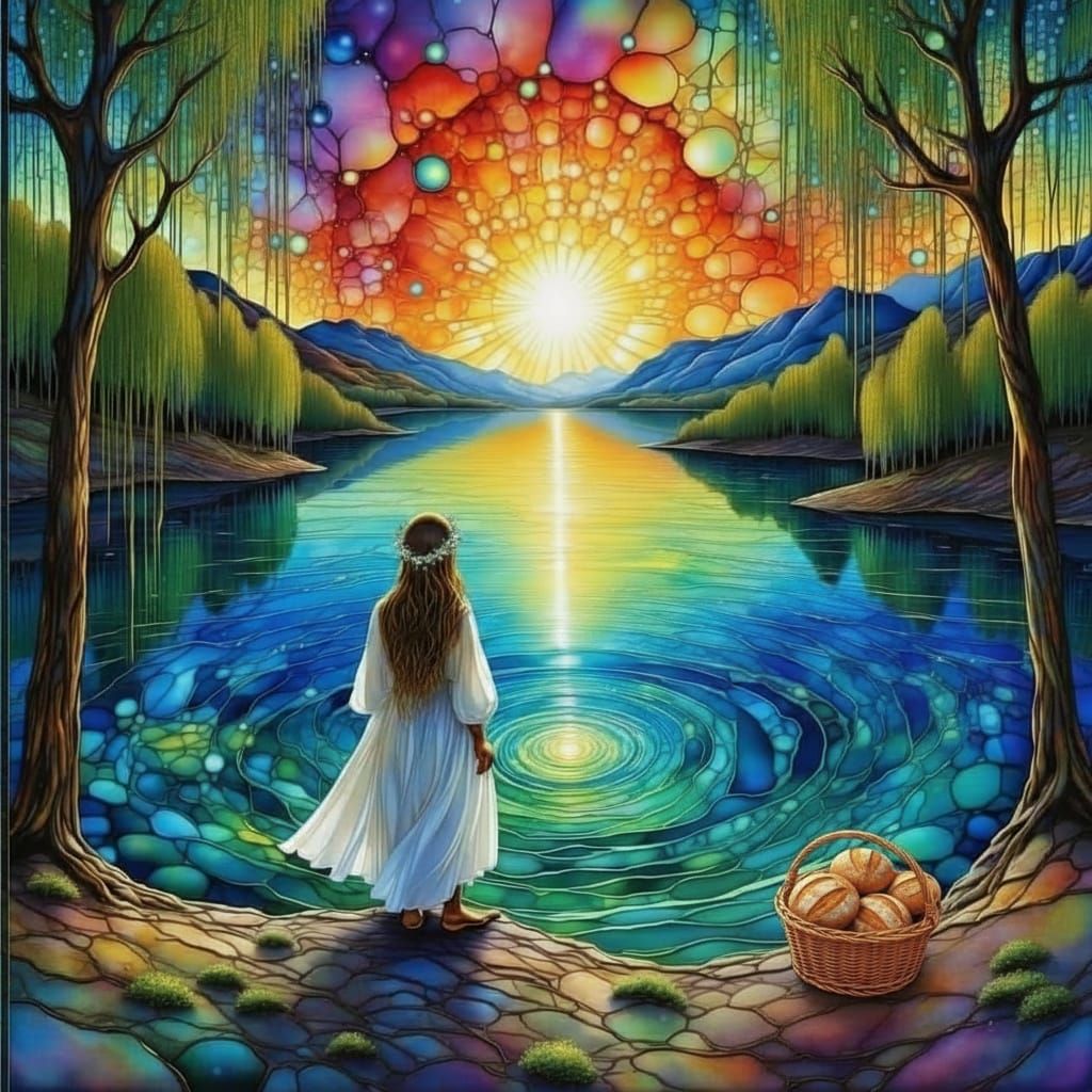 Woman by Shimmering Lake at Sunrise in Watercolor Style