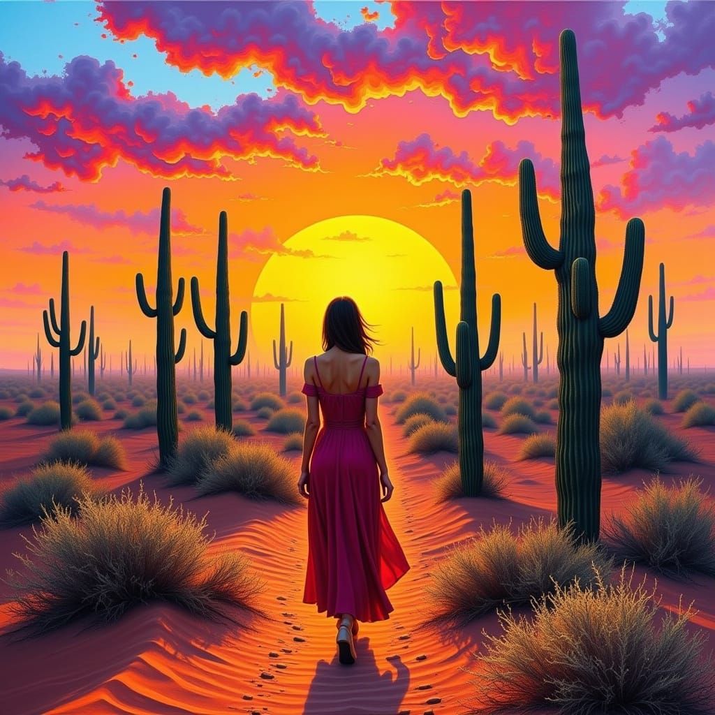 Desert Sunset with Majestic Cactus in Impressionist Style