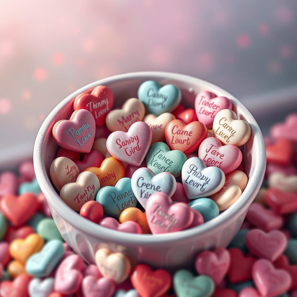 Whimsical Candy Hearts in Vibrant, Dreamy Worlds