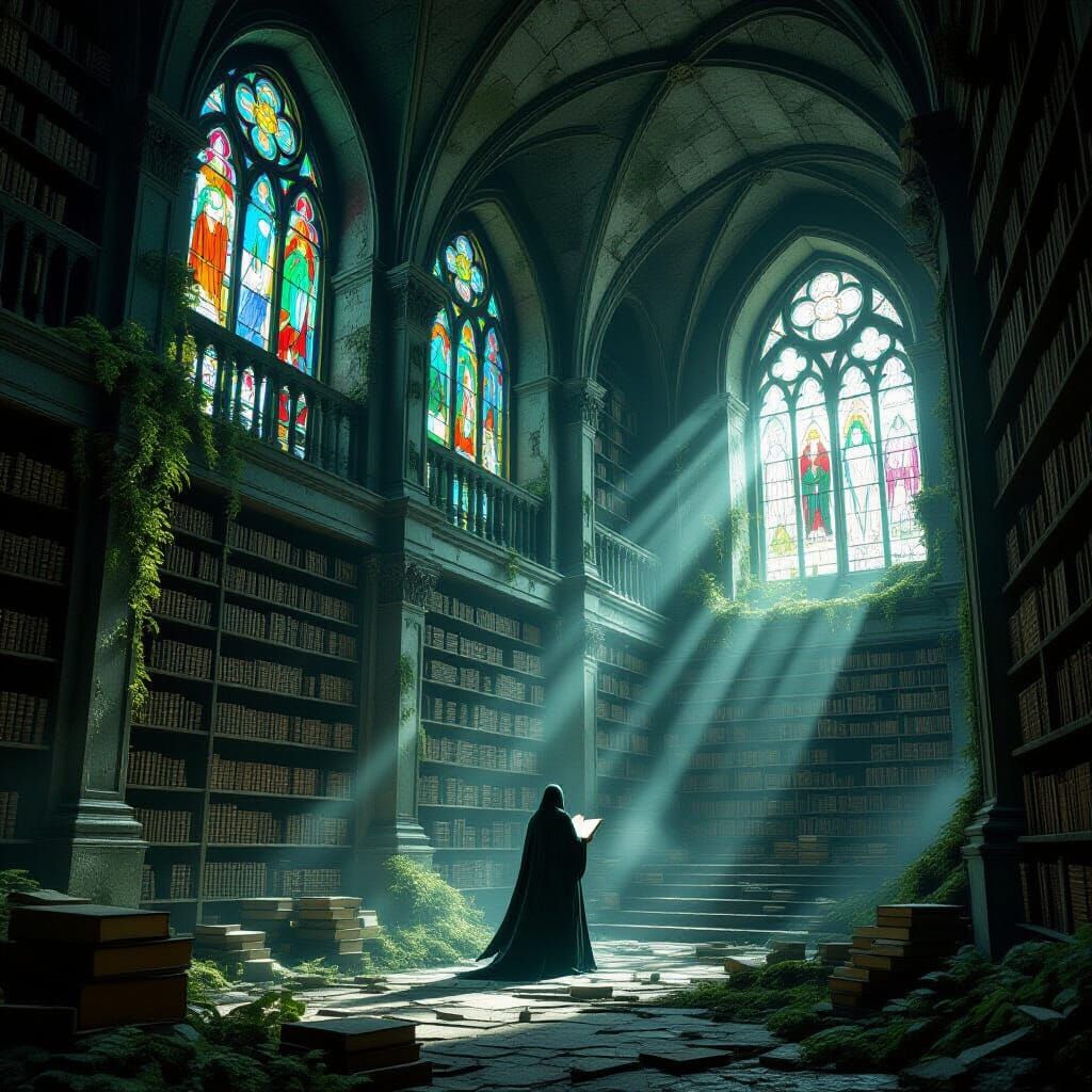 Spectral Librarian in Crumbling Ancient Library