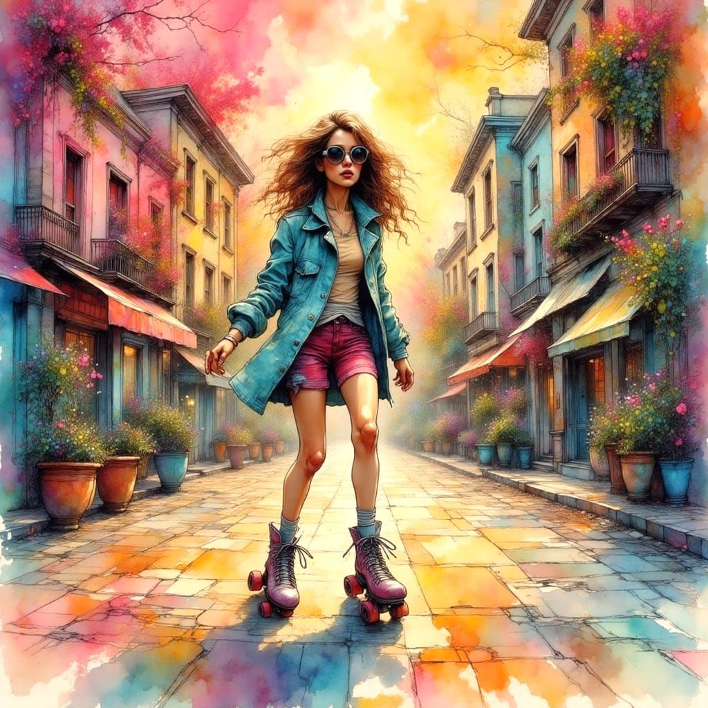 Teenage Rollerblader in Sci-Fi Neon Grunge City