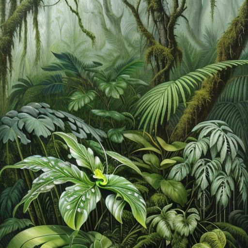 Lush Rainforest Oil Painting with Silver Dew