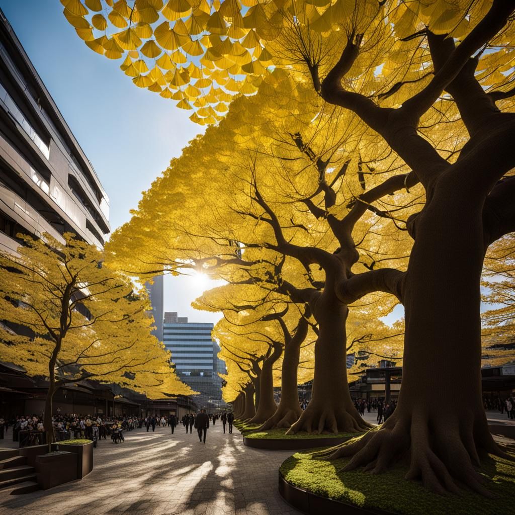 Giant Ginkgo Tree in Japan with Dynamic Lighting
