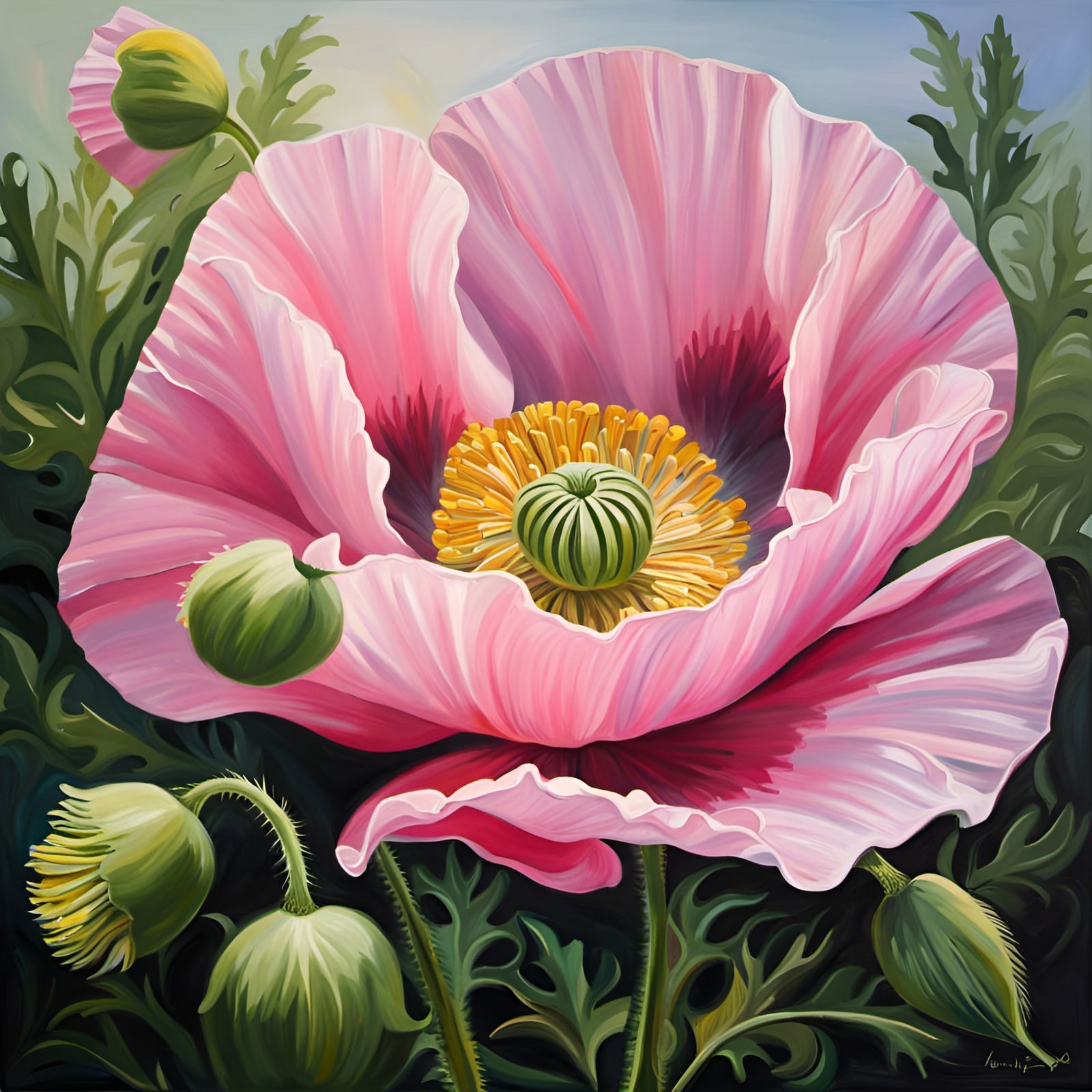 Pink Poppy Flower Oil Painting in Realism Style