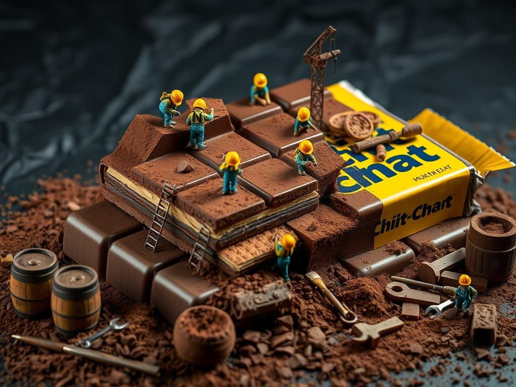 Vibrant Miniature Construction Scene on a Giant Chocolate Ba...