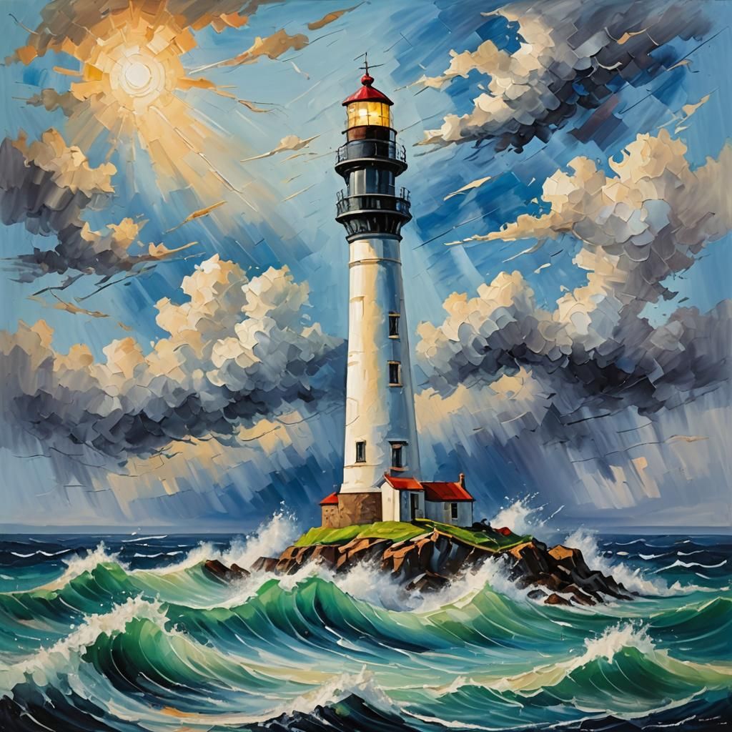 Lighthouse in Expressionist Neo-Impressionist Oil Painting
