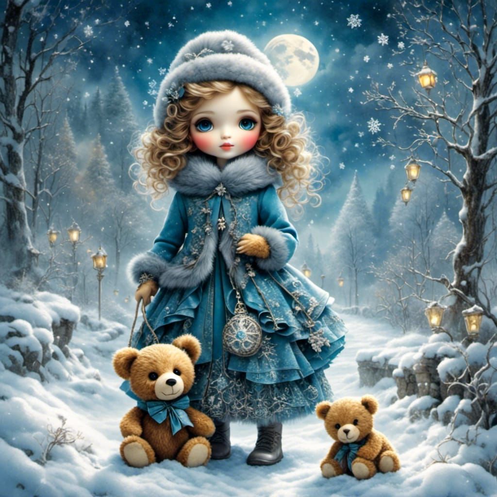 Enchanting Winter Scene with Girl and Teddy Bears